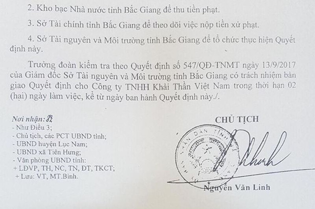  Công ty TNHH Khải Thần Việt Nam đã bị xử phạt tổng cộng 560 triệu đồng và bị đình chỉ hoạt động 3 tháng với hàng loạt các chiêu trò “bức tử” môi trường. 